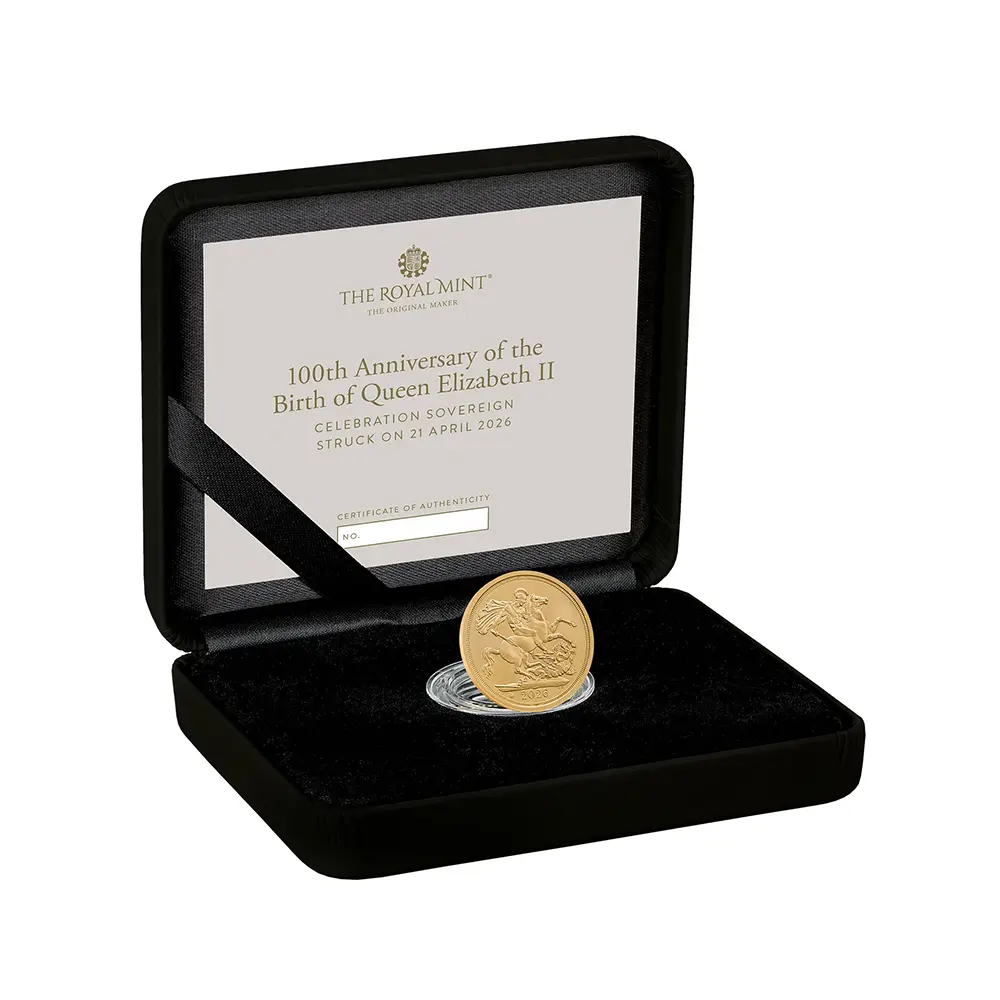 モダンコイン5：6966 イギリス 2026 チャールズ3世 エリザベス2世生誕100周年記念 聖ジョージ竜退治 当日製造ソブリンBU金貨 未鑑定 箱付き【ご予約承り品】