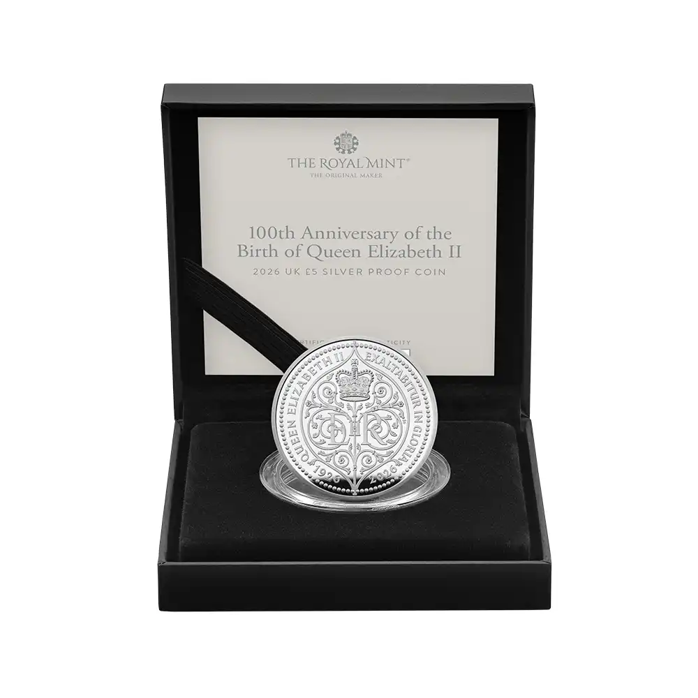 モダンコイン5：6977 【未鑑定＋鑑定オプション付き】イギリス 2026 チャールズ3世 エリザベス2世生誕100周年記念 5ポンド プルーフ銀貨 未鑑定 箱付き【ご予約承り品・納期約6か月】