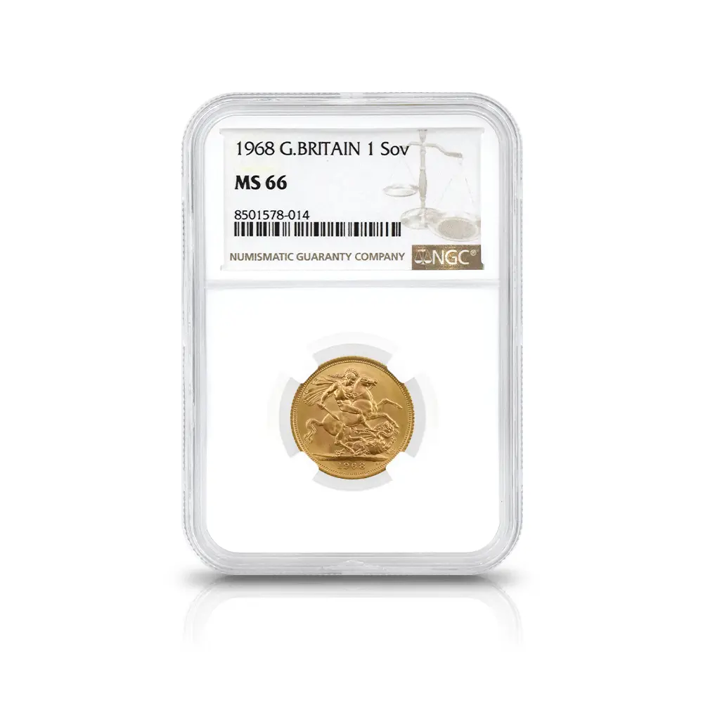 モダンコイン4：6997 イギリス 1968 エリザベス2世 ヤングヤング 聖ジョージ竜退治 ソブリン金貨 NGC MS66