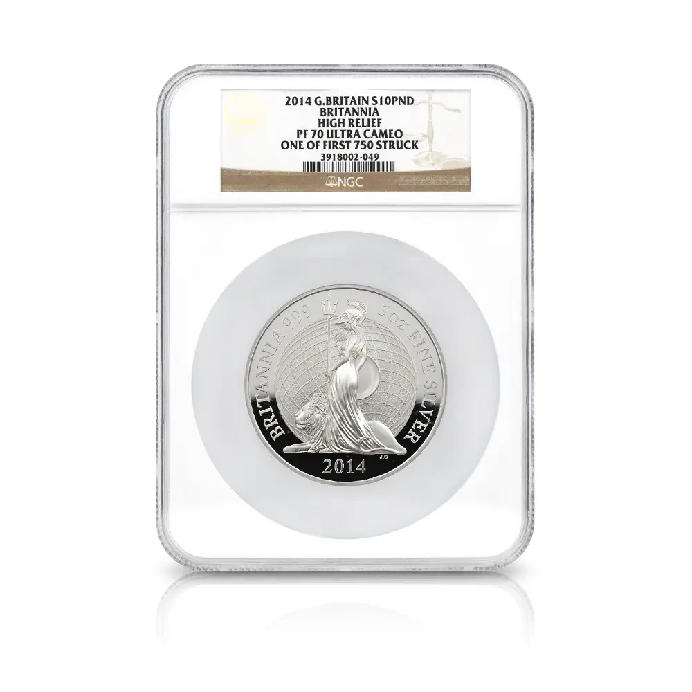 モダンコイン4：6995 イギリス 2014 エリザベス2世 ブリタニア 10ポンド5オンス銀貨 ファースト750ストラック NGC PF70UC