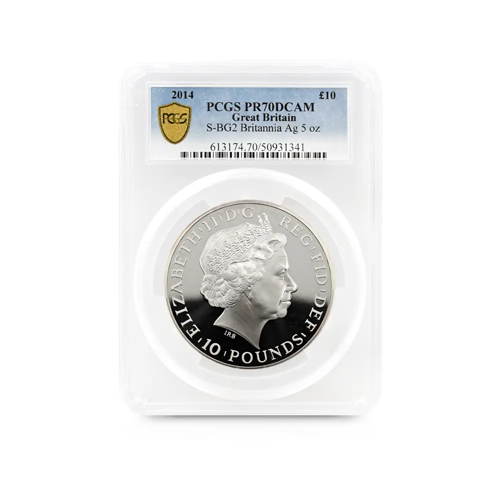 モダンコイン4：6999 イギリス 2014 エリザベス2世 ブリタニア ハイレリーフ 10ポンド5オンス銀貨 PCGS PR70DCAM S-BG2