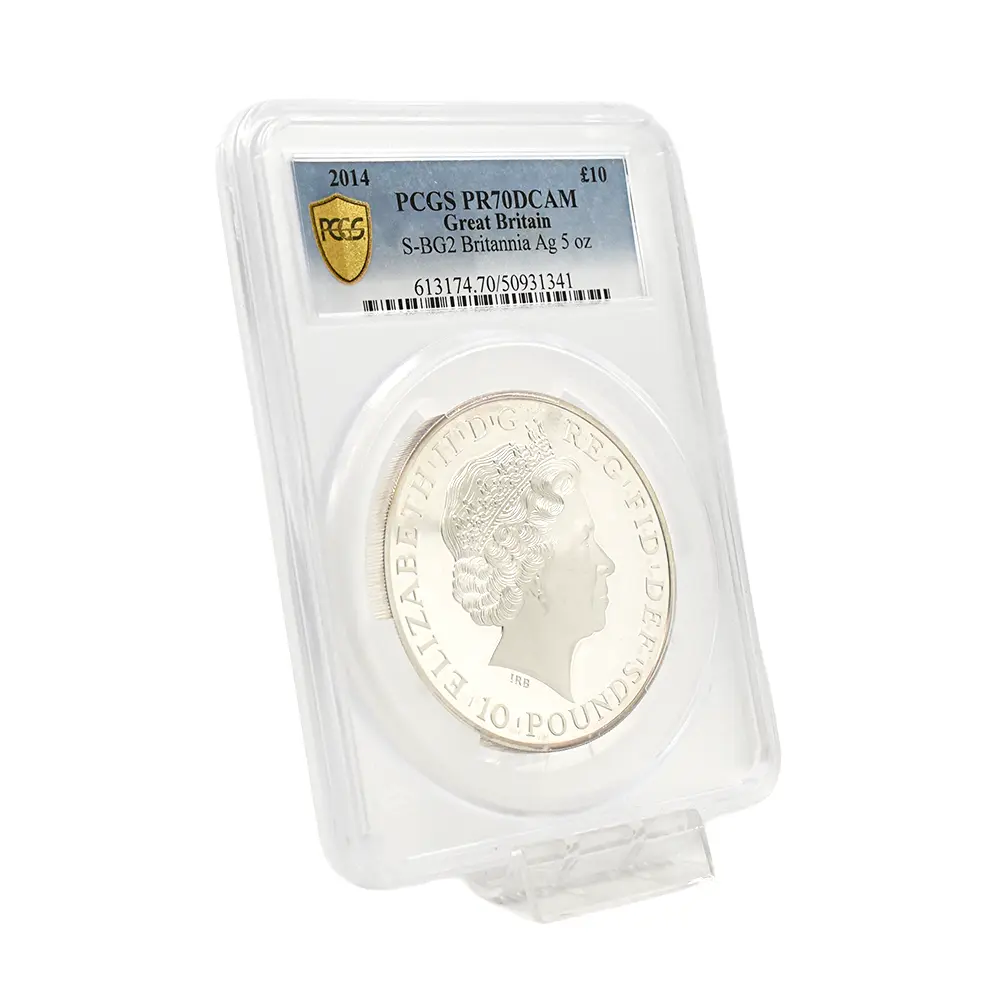 モダンコイン6：6999 イギリス 2014 エリザベス2世 ブリタニア ハイレリーフ 10ポンド5オンス銀貨 PCGS PR70DCAM S-BG2