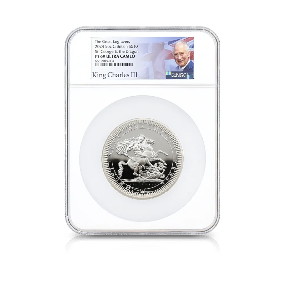 モダンコイン6:4793 2024 チャールズ3世 ピストルッチ作聖ジョージ竜退治 10ポンド5オンス銀貨 NGC PF69UC チャールズ3世ラベル 箱付き