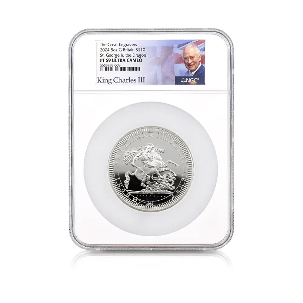 モダンコイン4：7001 イギリス 2024 チャールズ3世 ピストルッチ作聖ジョージ竜退治 10ポンド5オンス銀貨 NGC PF69UC チャールズ3世ラベル 箱付き