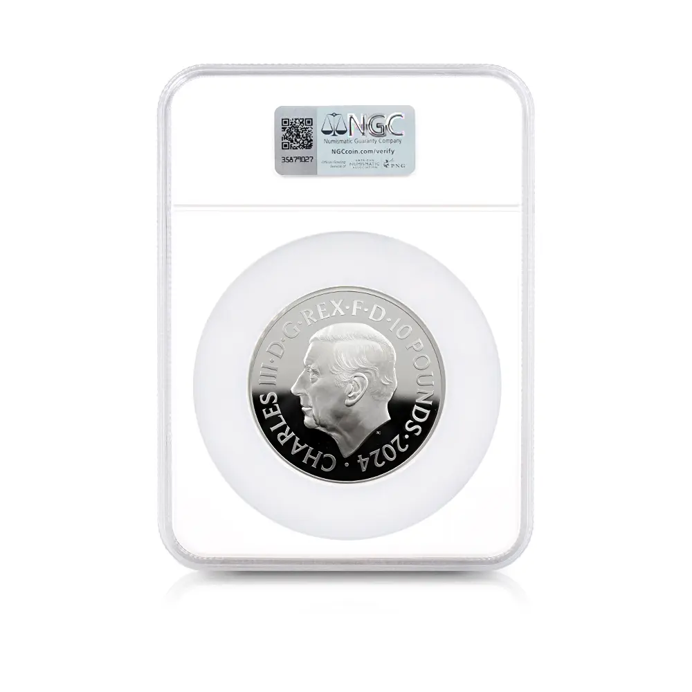 モダンコイン5：7001 イギリス 2024 チャールズ3世 ピストルッチ作聖ジョージ竜退治 10ポンド5オンス銀貨 NGC PF69UC チャールズ3世ラベル 箱付き