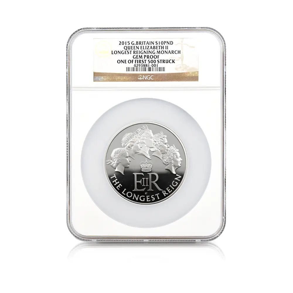モダンコイン4:7000 イギリス 2015 エリザベス2世 最長在位記念 10ポンド5オンス銀貨 ファースト500ストラック NGC GEMPF 付属品付き