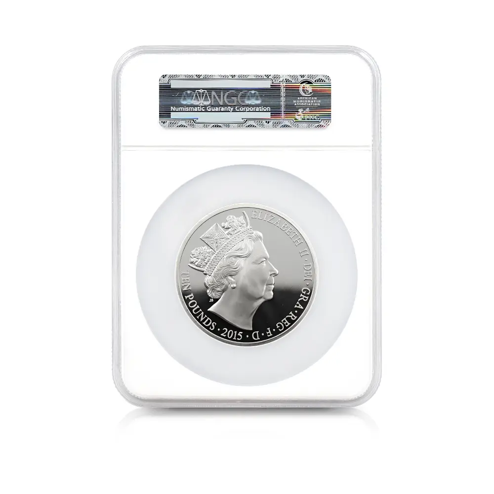 モダンコイン5:7000 イギリス 2015 エリザベス2世 最長在位記念 10ポンド5オンス銀貨 ファースト500ストラック NGC GEMPF 付属品付き