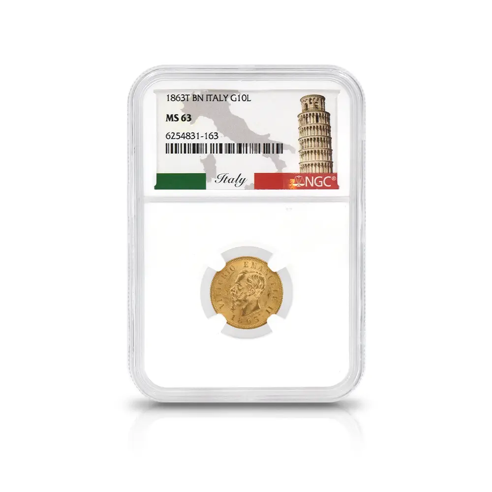 アンティークコイン4：7007 イタリア 1863T ヴィットリオ・エマヌエーレ2世 10リラ金貨 NGC MS63