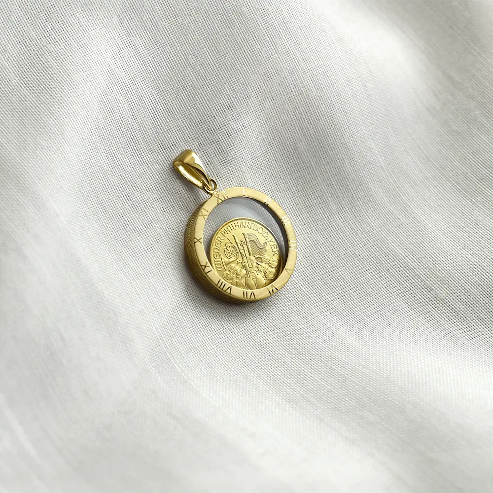 地金型5：5698 【ペンダントトップ単品】オーストリア 2025 ウィーンフィル 4ユーロ 1/25オンス 金貨 コインペンダント 純金 ガラス フローティング コインネックレス 24K