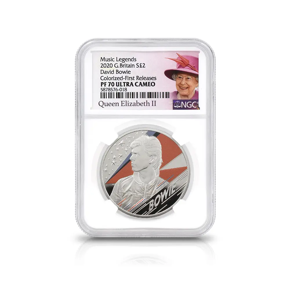 モダンコイン4：7017 イギリス 2020 エリザベス2世 ミュージックレジェンド デヴィッド・ボウイ 2ポンド1オンスカラー銀貨 ファーストリリース NGC PF70UC エリザベス2世ラベル 箱付き