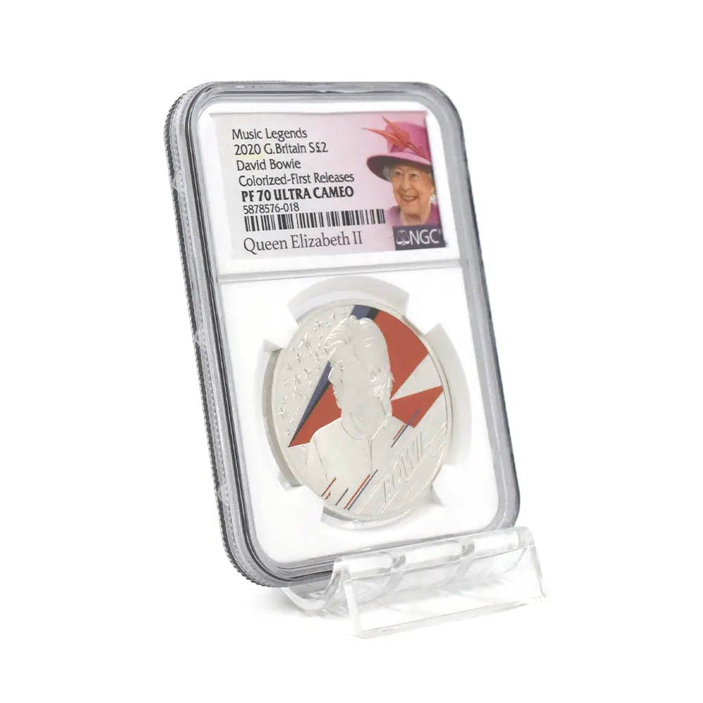 モダンコイン6：7017 イギリス 2020 エリザベス2世 ミュージックレジェンド デヴィッド・ボウイ 2ポンド1オンスカラー銀貨 ファーストリリース NGC PF70UC エリザベス2世ラベル 箱付き