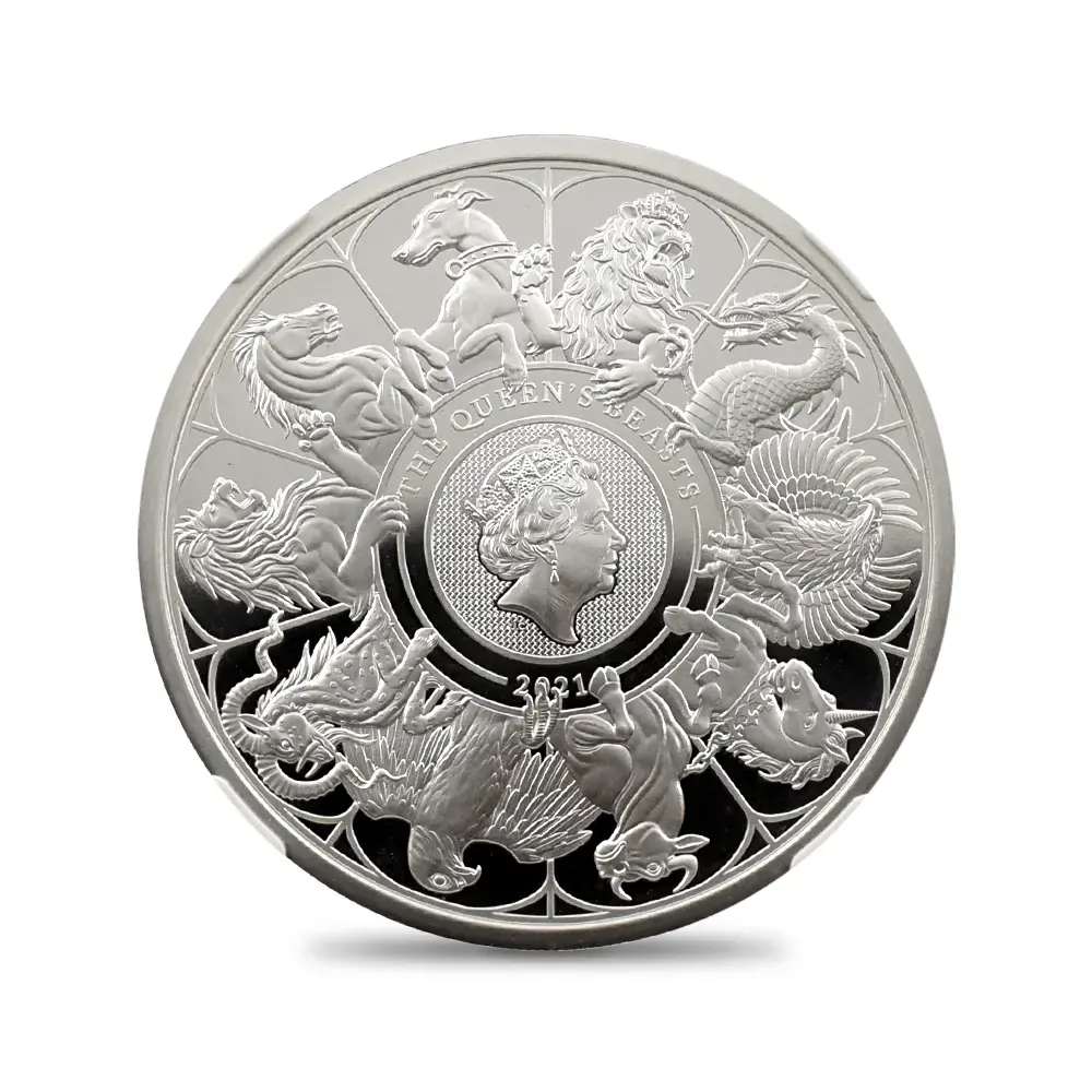 モダンコイン2：7021 イギリス 2021 エリザベス2世 クイーンズビースト コンプリーター 英国王室の十大守護獣 2ポンド1オンス銀貨 NGC PF69UC 箱付き