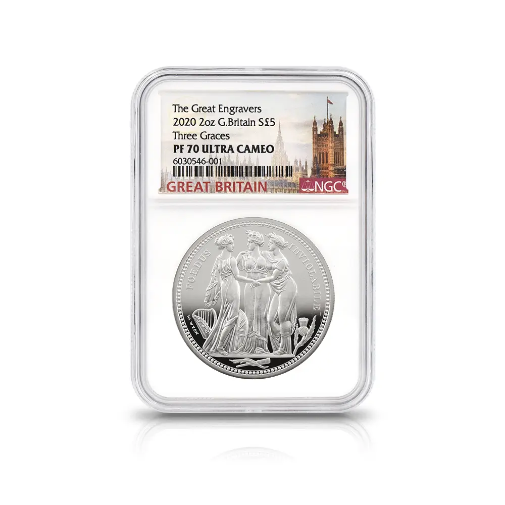 モダンコイン4:7025 イギリス 2020 エリザベス2世 スリーグレーセス 5ポンド2オンス銀貨 NGC PF70UC 箱付き