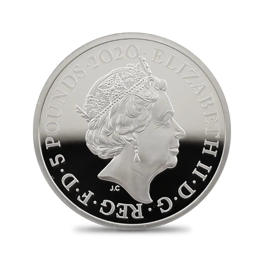 モダンコイン3：7026 イギリス 2020 エリザベス2世 スリーグレーセス 5ポンド2オンス銀貨 NGC PF70UC エリザベス2世ラベル 箱付き