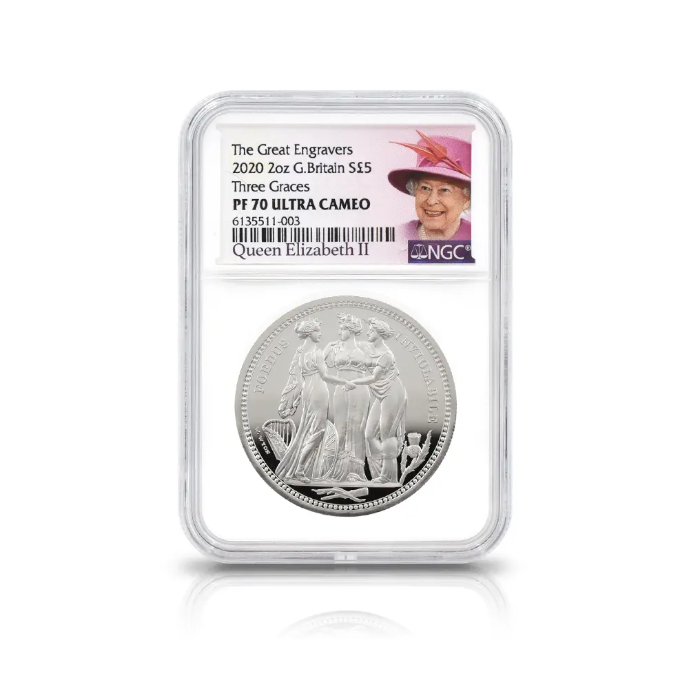 モダンコイン4：7026 イギリス 2020 エリザベス2世 スリーグレーセス 5ポンド2オンス銀貨 NGC PF70UC エリザベス2世ラベル 箱付き