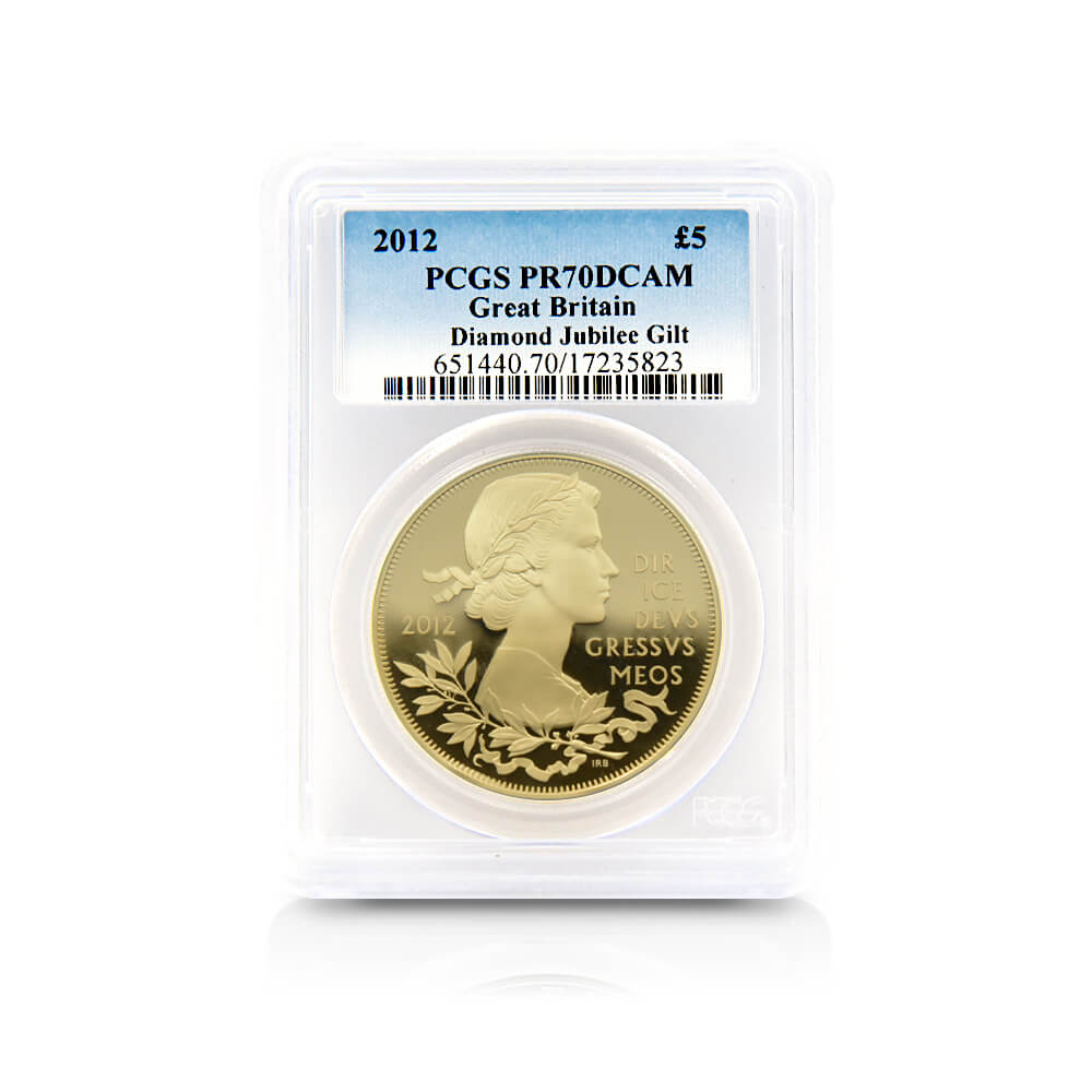 モダンコイン4：2801 2012 エリザベス2世 即位60周年記念 ダイアモンドジュビリー 5ポンド銀貨（金メッキ加工） PCGS PR70DC
