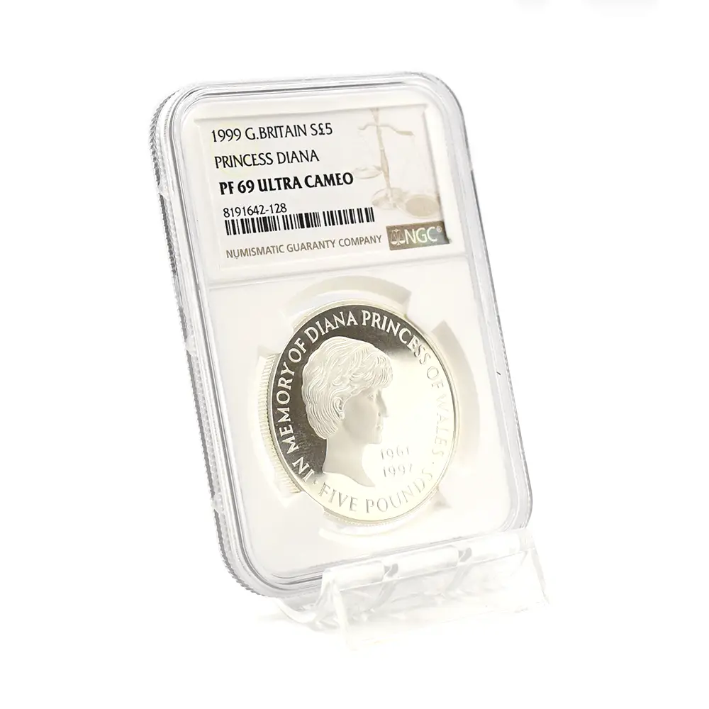 モダンコイン6：7022 イギリス 1999 エリザベス2世 ダイアナ妃追悼記念 5ポンド銀貨 NGC PF69UC 箱付き