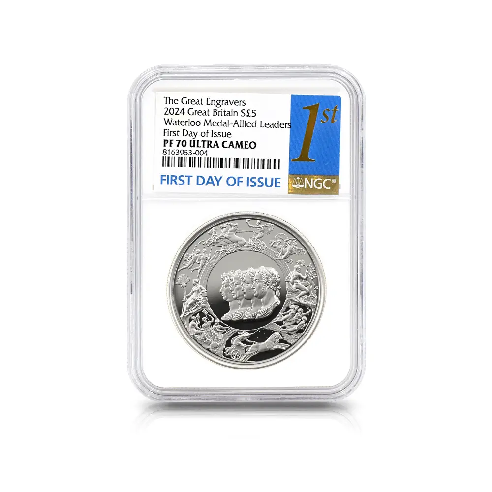 モダンコイン4：7033 イギリス 2024 チャールズ3世 ワーテルロー・メダル - 連合国代表 5ポンド2オンス銀貨 発行即日鑑定品 NGC PF70UC