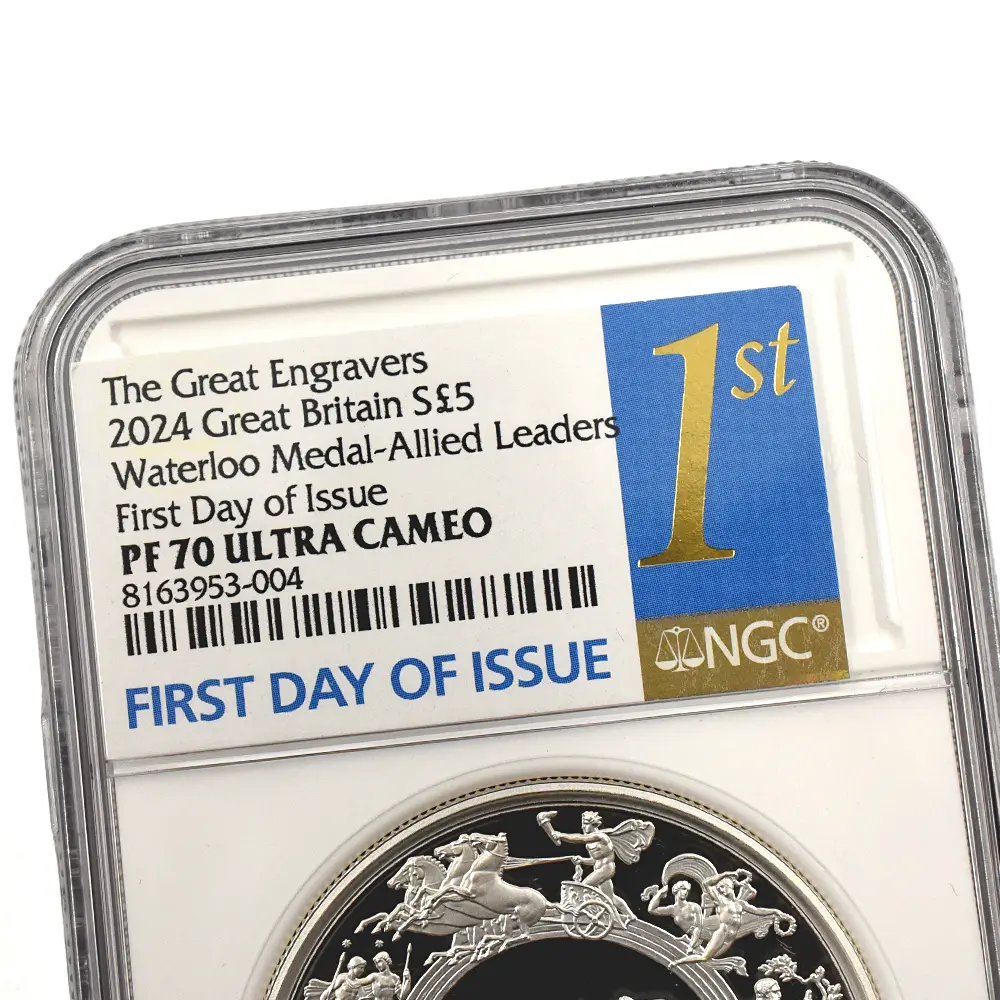 モダンコイン13：7033 イギリス 2024 チャールズ3世 ワーテルロー・メダル - 連合国代表 5ポンド2オンス銀貨 発行即日鑑定品 NGC PF70UC