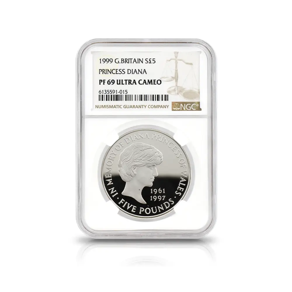 モダンコイン4：7049 イギリス 1999 エリザベス2世 ダイアナ妃追悼記念 5ポンド銀貨 NGC PF69UC 箱付き