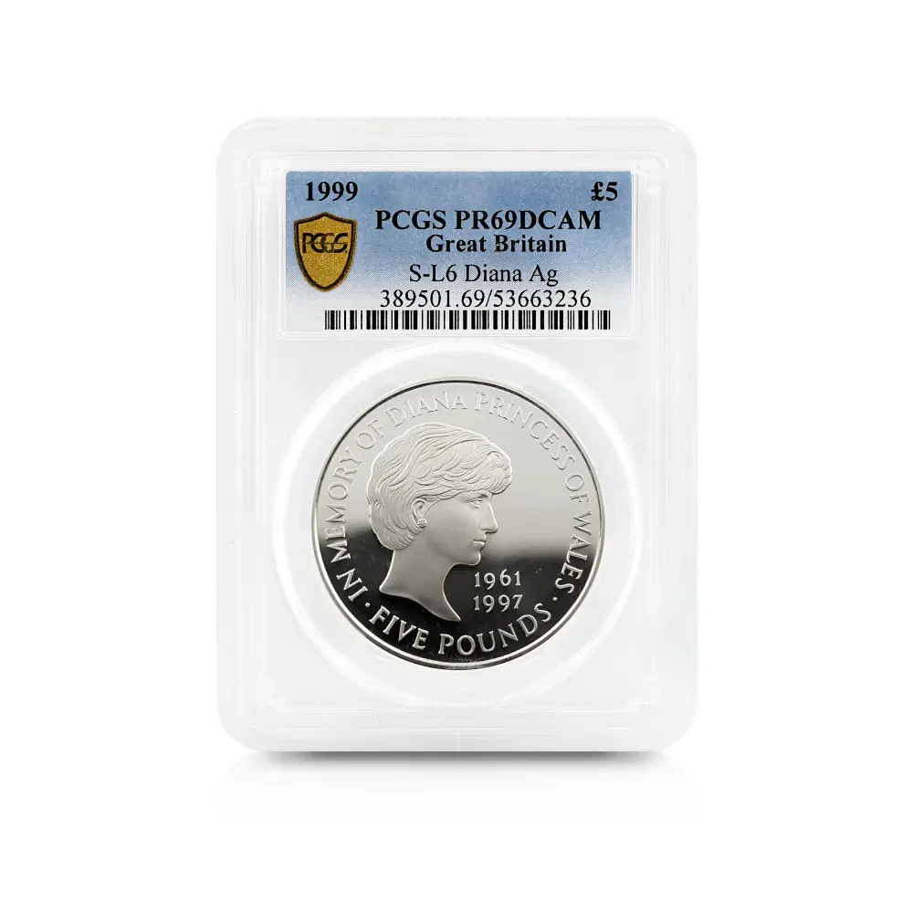 モダンコイン4：7058 イギリス 1999 エリザベス2世 ダイアナ妃追悼記念 5ポンド銀貨 PCGS PR69DC S-L6 箱付き