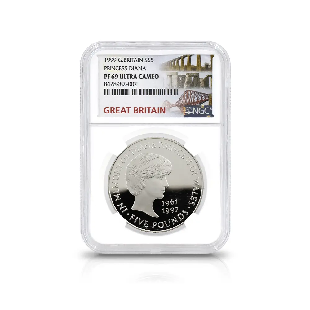 モダンコイン4：7051 イギリス 1999 エリザベス2世 ダイアナ妃追悼記念 5ポンド銀貨 NGC PF69UC