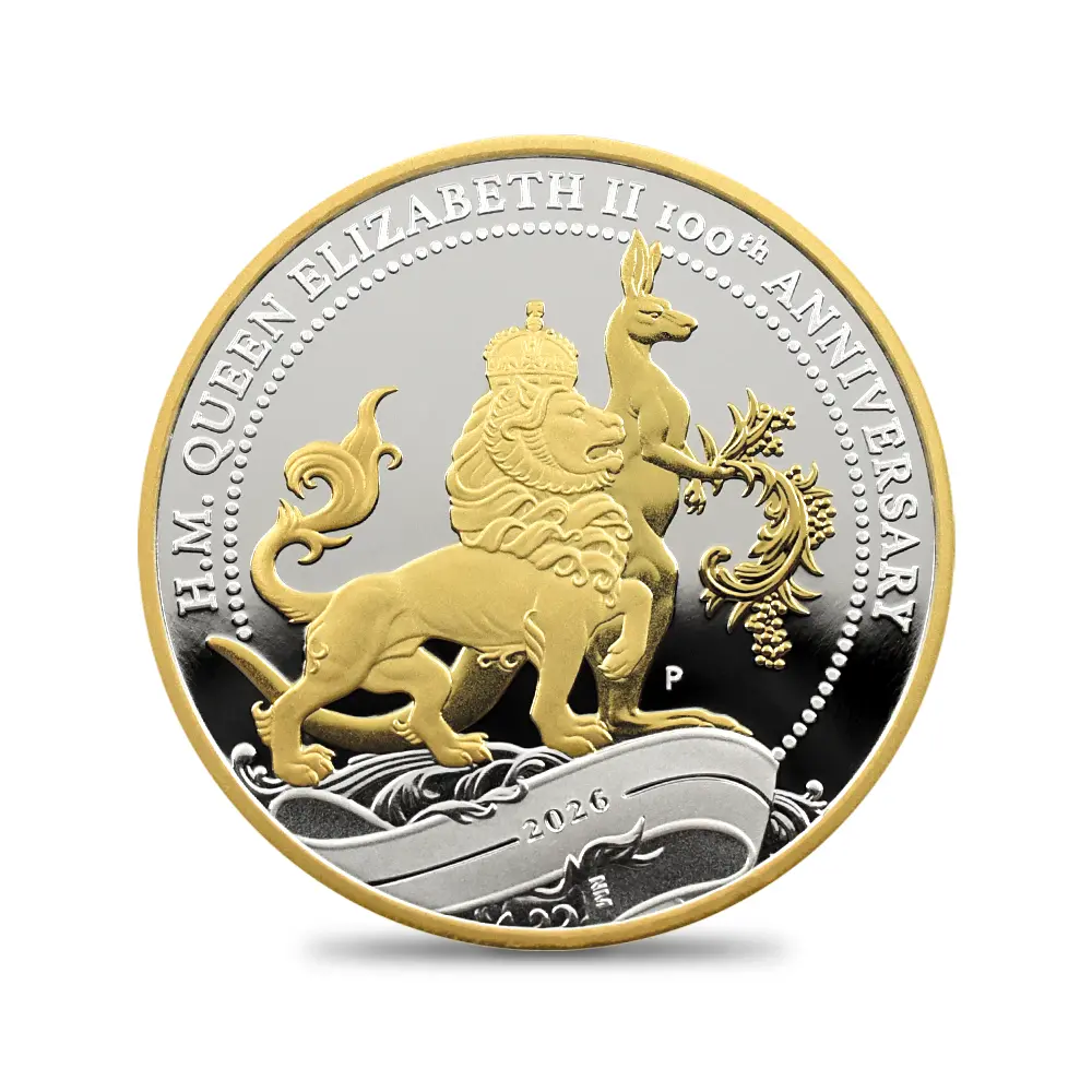 モダンコイン2:7038 オーストラリア 2026 チャールズ3世 エリザベス2世生誕100周年記念 1ドル1オンス プルーフ銀貨 金メッキ付 未鑑定 箱付き