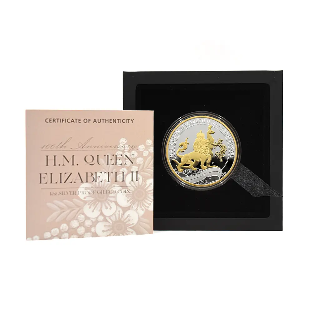 モダンコイン5:7038 オーストラリア 2026 チャールズ3世 エリザベス2世生誕100周年記念 1ドル1オンス プルーフ銀貨 金メッキ付 未鑑定 箱付き