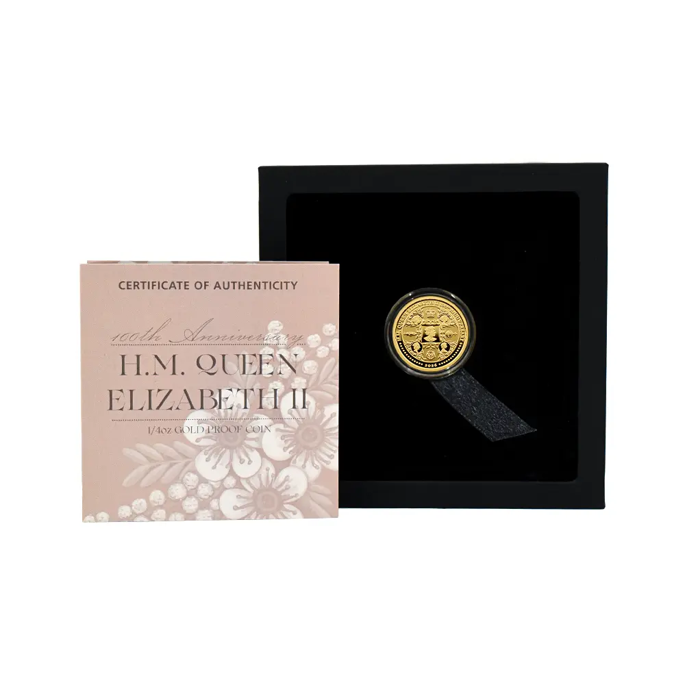 モダンコイン5:7039 オーストラリア 2026 チャールズ3世 エリザベス2世生誕100周年記念 25ドル1/4オンス プルーフ金貨 未鑑定 箱付き