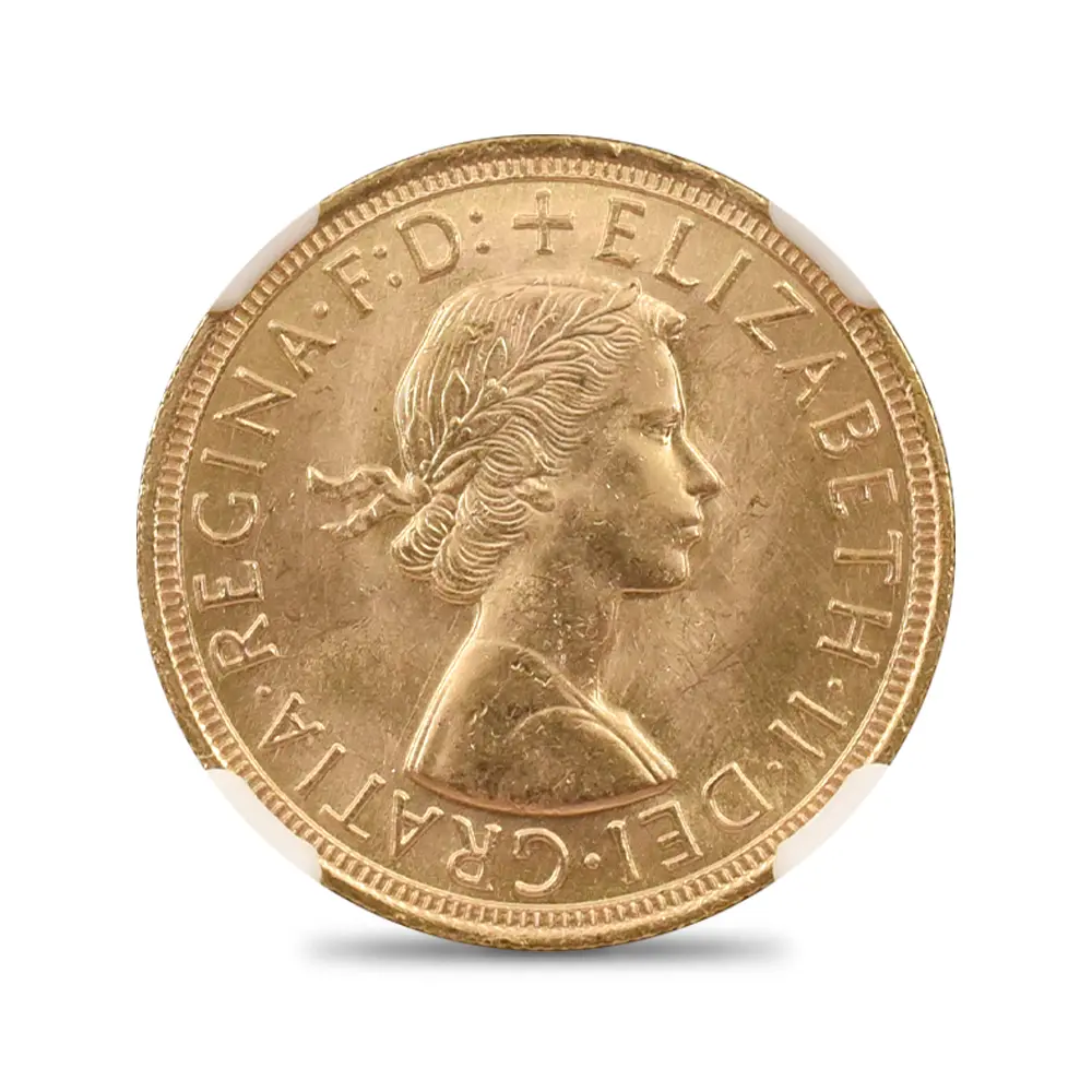 モダンコイン2：7063 イギリス 1957 エリザベス2世 ヤングヤング 聖ジョージ竜退治 ソブリン金貨 NGC MS65