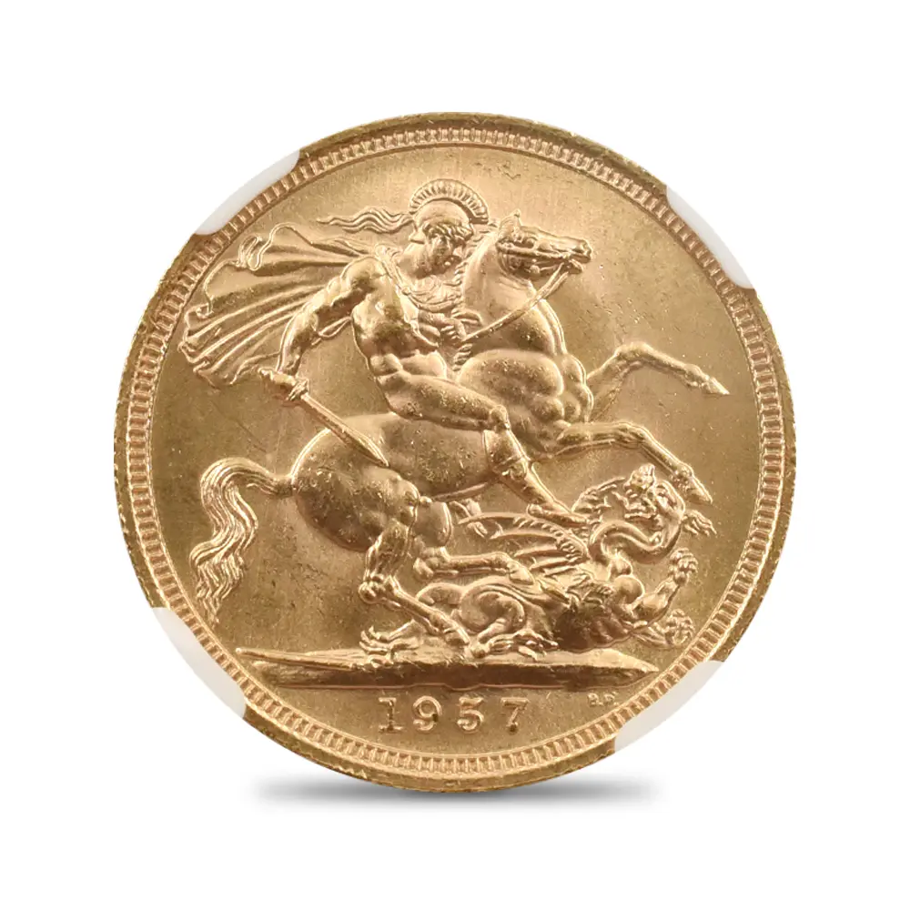 モダンコイン3：7063 イギリス 1957 エリザベス2世 ヤングヤング 聖ジョージ竜退治 ソブリン金貨 NGC MS65