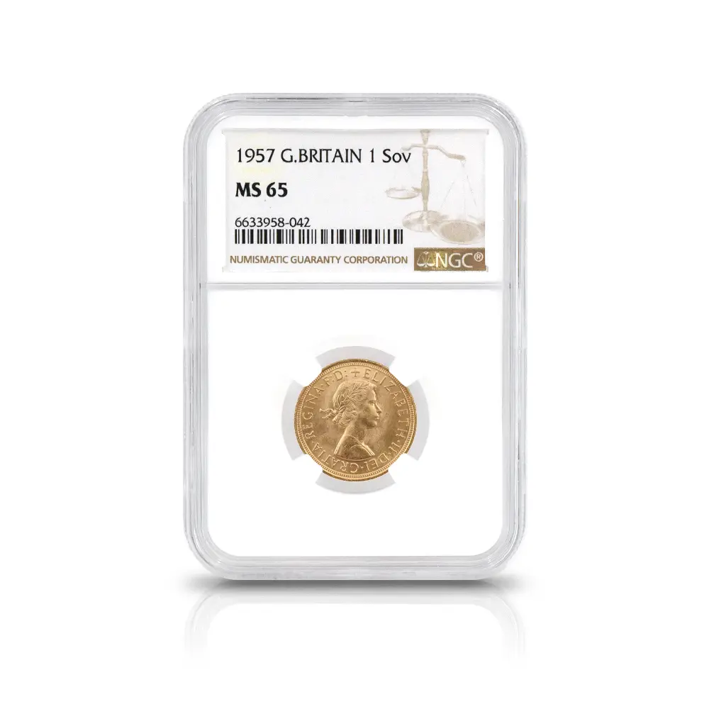 モダンコイン4：7063 イギリス 1957 エリザベス2世 ヤングヤング 聖ジョージ竜退治 ソブリン金貨 NGC MS65