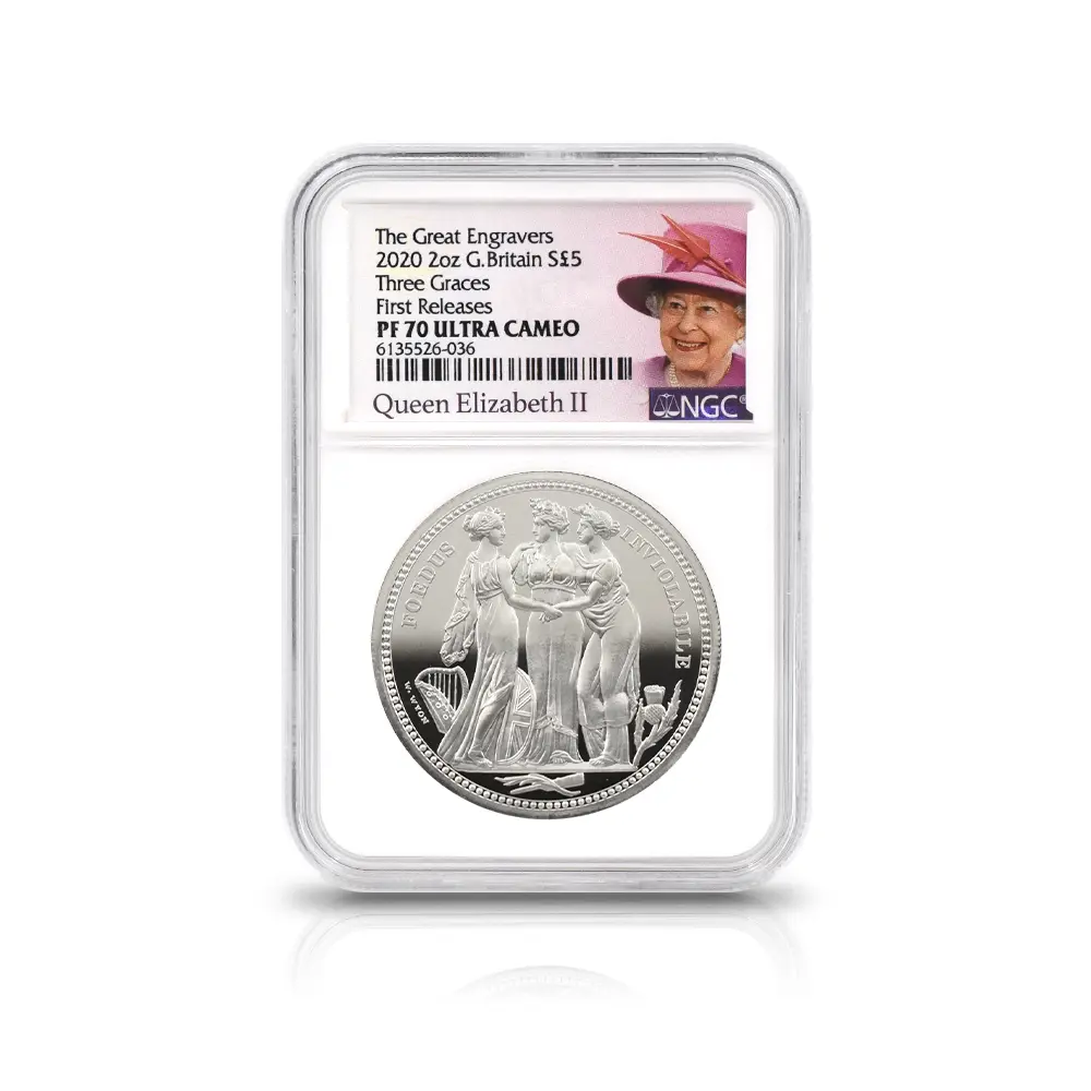 モダンコイン4:7064 イギリス 2020 エリザベス2世 スリーグレーセス 5ポンド2オンス銀貨 ファーストリリース NGC PF70UC