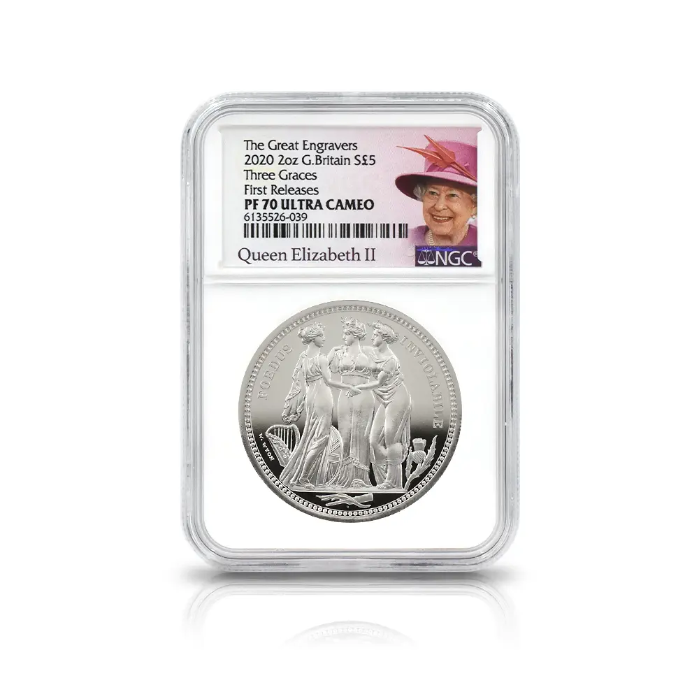 モダンコイン4：7065 イギリス 2020 エリザベス2世 スリーグレーセス 5ポンド2オンス銀貨 ファーストリリース NGC PF70UC