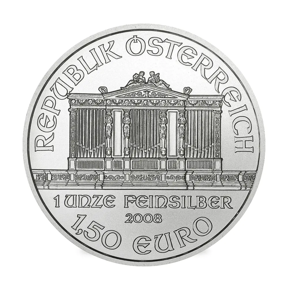 地金型3：7070 オーストリア 2008 ウィーンフィル 1.5ユーロ 1オンス 銀貨 【5枚】 (コインケース付き)