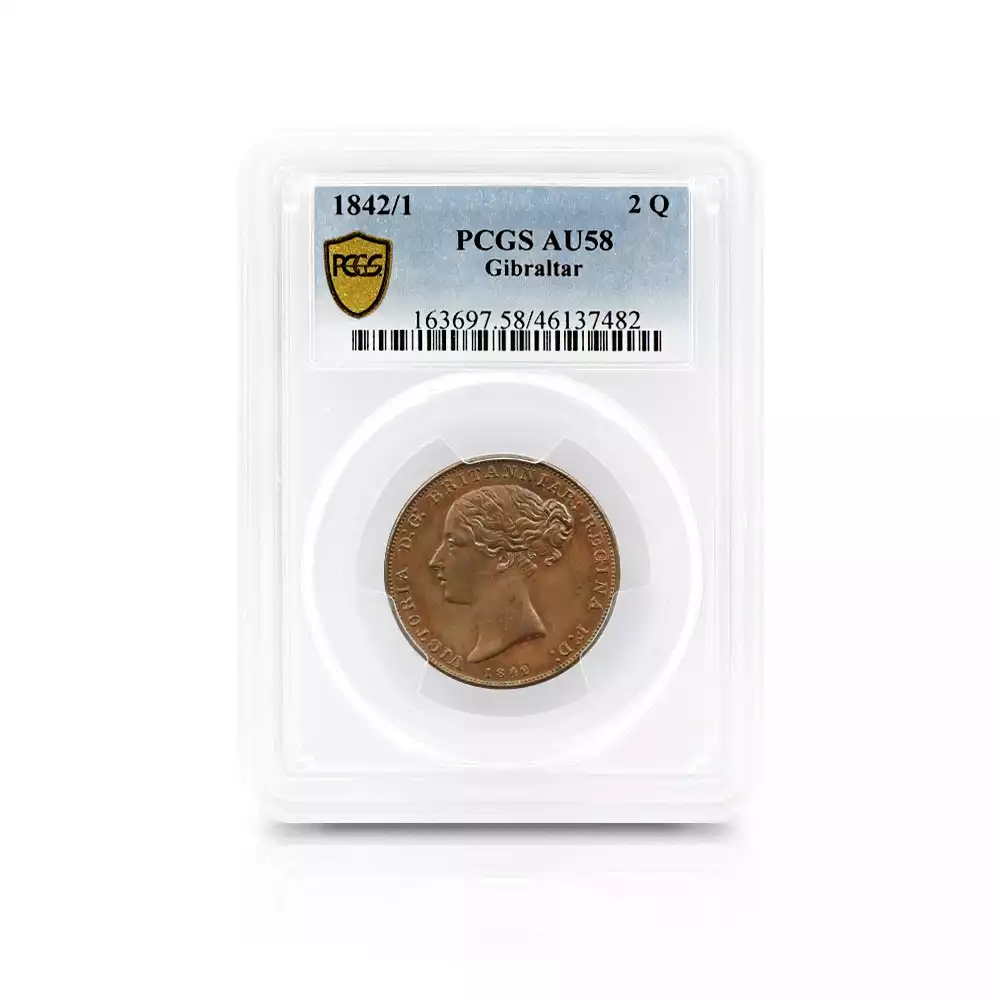 アンティークコイン4：2836 ジブラルタル 1842/1 ヴィクトリア女王 2クォート銅貨 PCGS AU58