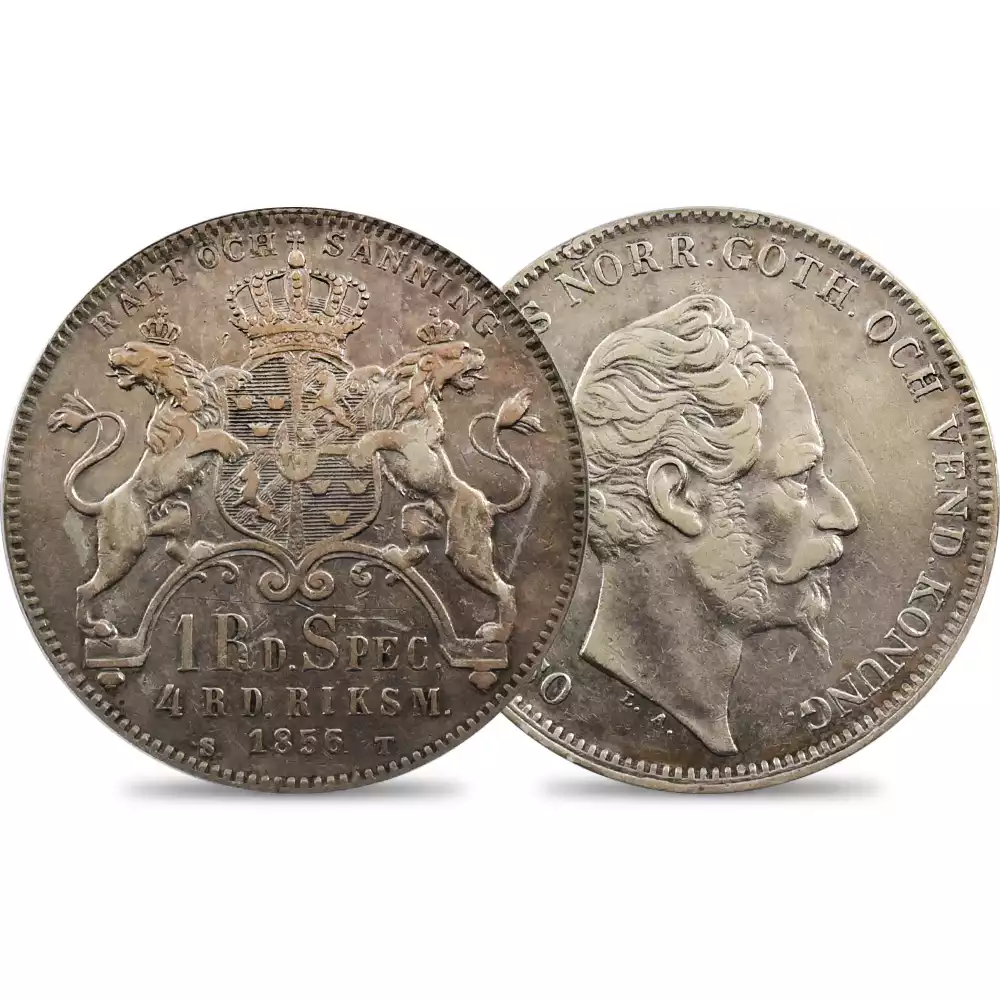 アンティークコイン1：2837 スウェーデン 1856ST オスカル1世 リクスダラー・スペーシー銀貨 PCGS XF40