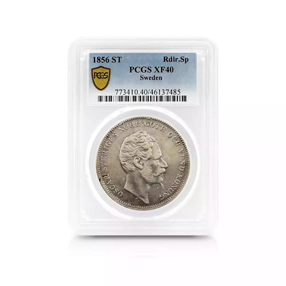 アンティークコイン4：2837 スウェーデン 1856ST オスカル1世 リクスダラー・スペーシー銀貨 PCGS XF40