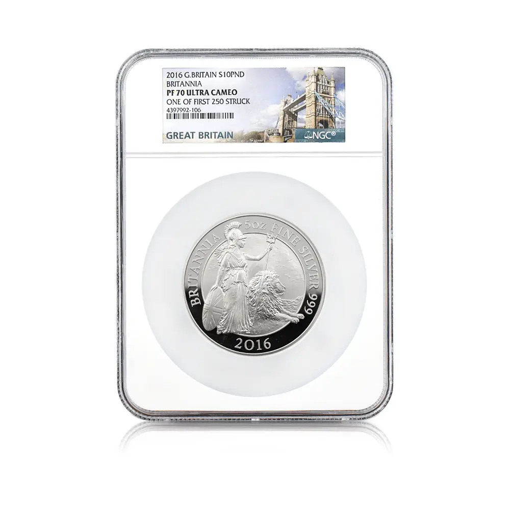 モダンコイン4:7083 イギリス 2016 エリザベス2世 ブリタニア 10ポンド5オンス銀貨 ファースト250ストラック NGC PF70UC 付属品付き