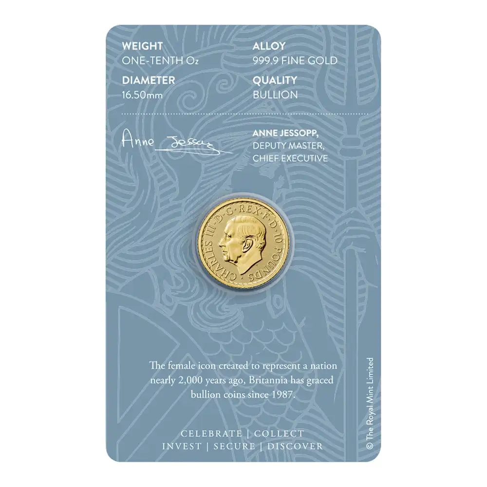 地金型5:7080 イギリス 2026 チャールズ3世 ブリタニア 10ポンド 1/10オンス 金貨 【1枚】(ブリスターパック付き)