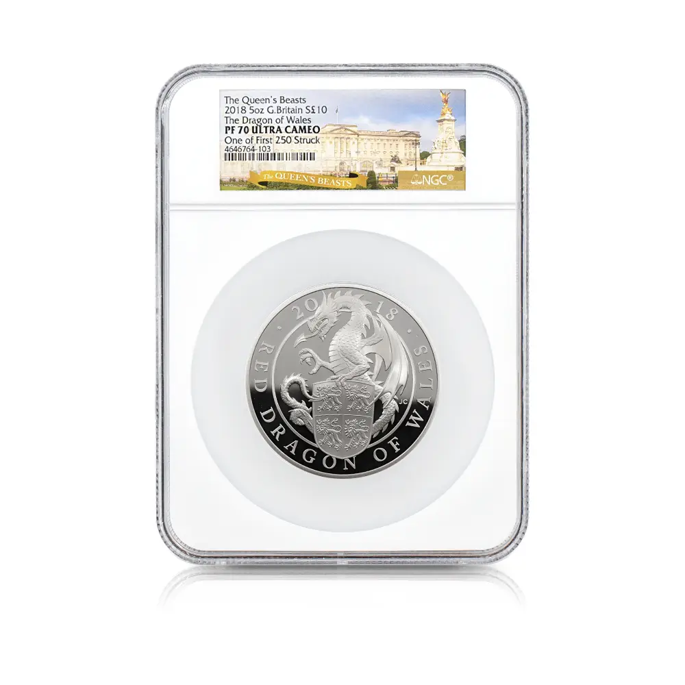 モダンコイン4：7091 イギリス 2018 エリザベス2世 クイーンズビースト ウェールズの赤いドラゴン 10ポンド5オンス銀貨 ファースト250ストラック NGC PF70UC