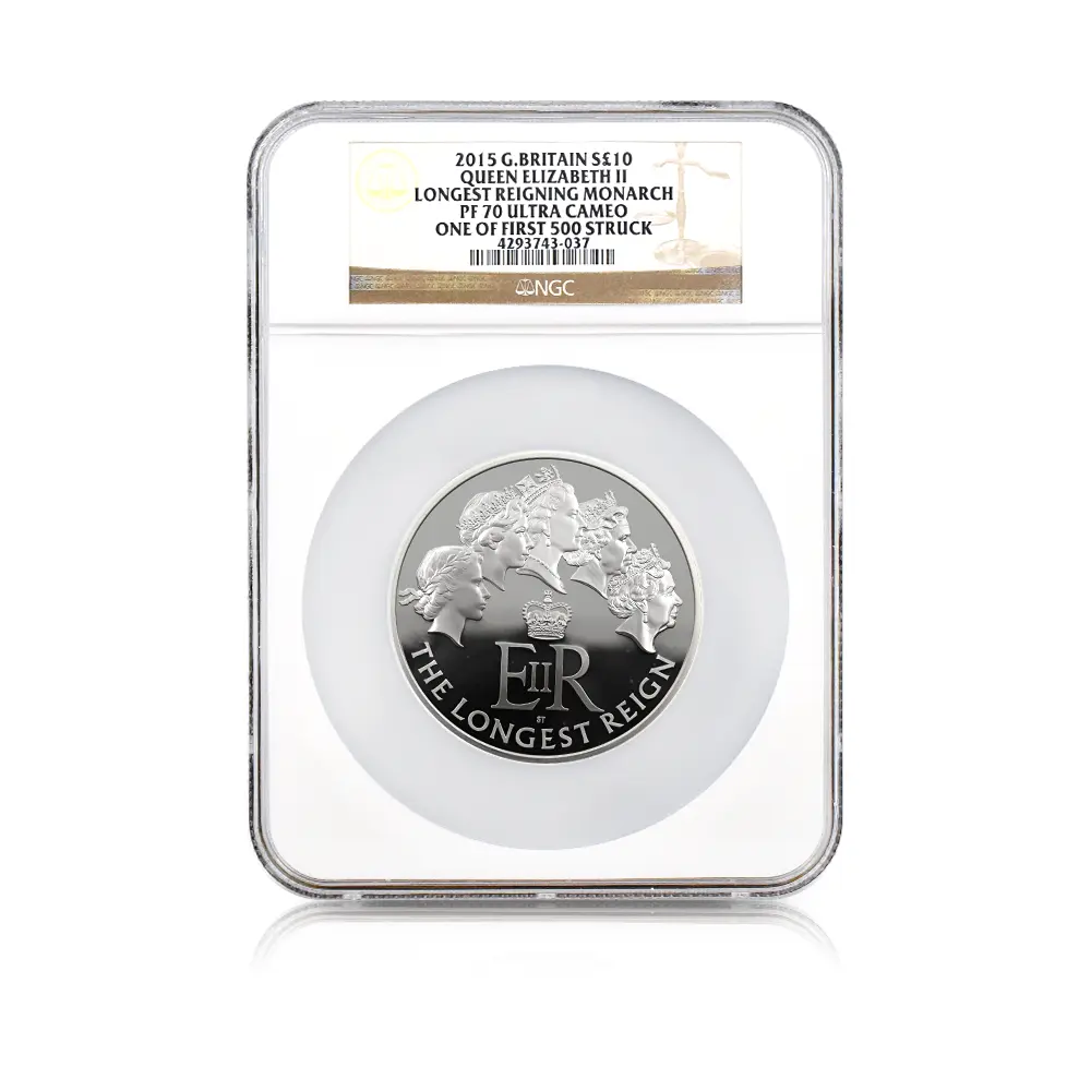 モダンコイン4：7090 イギリス 2015 エリザベス2世 最長在位記念 10ポンド5オンス銀貨 ファースト500ストラック NGC PF70UC 箱付き