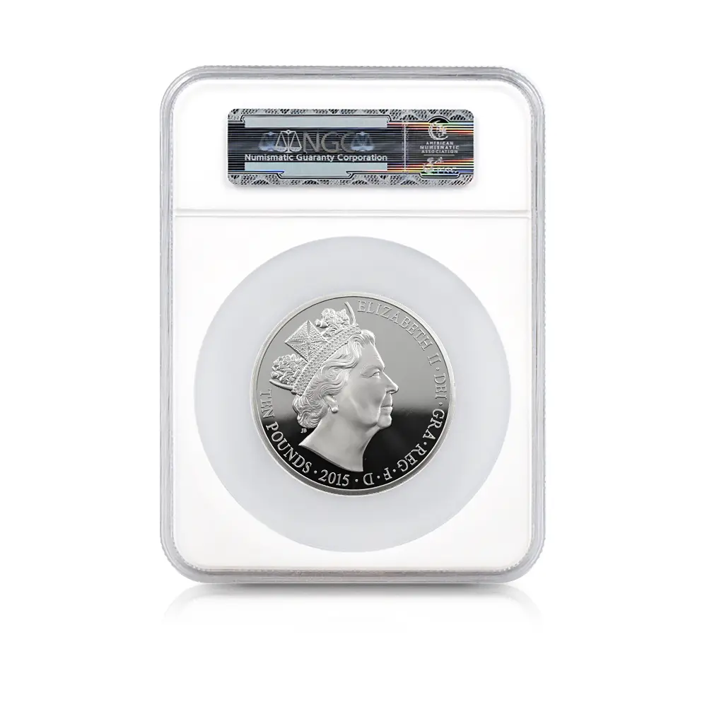 モダンコイン5：7090 イギリス 2015 エリザベス2世 最長在位記念 10ポンド5オンス銀貨 ファースト500ストラック NGC PF70UC 箱付き