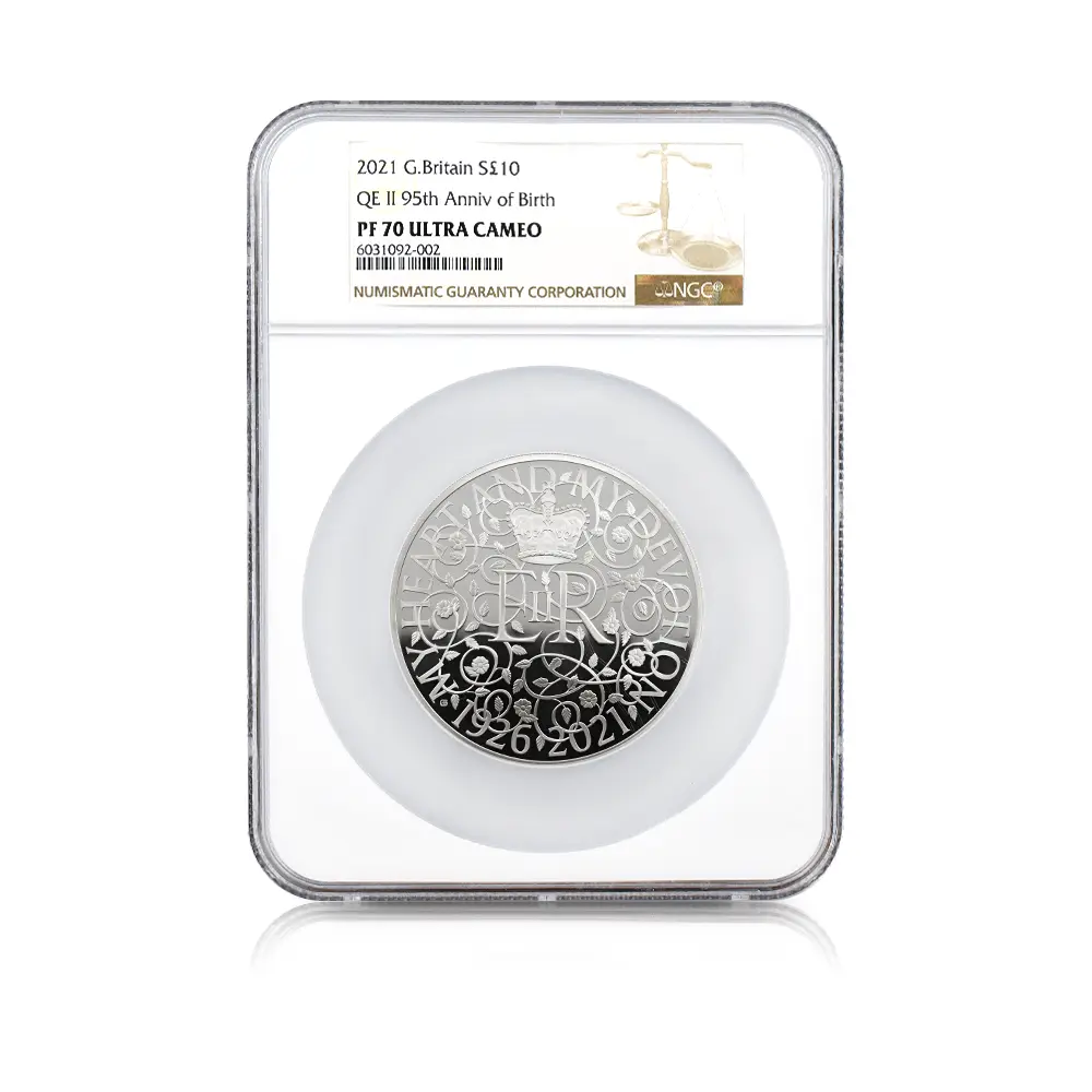 モダンコイン4:7089 イギリス 2021 エリザベス2世 女王生誕95周年記念 10ポンド5オンス銀貨 NGC PF70UC 箱付き