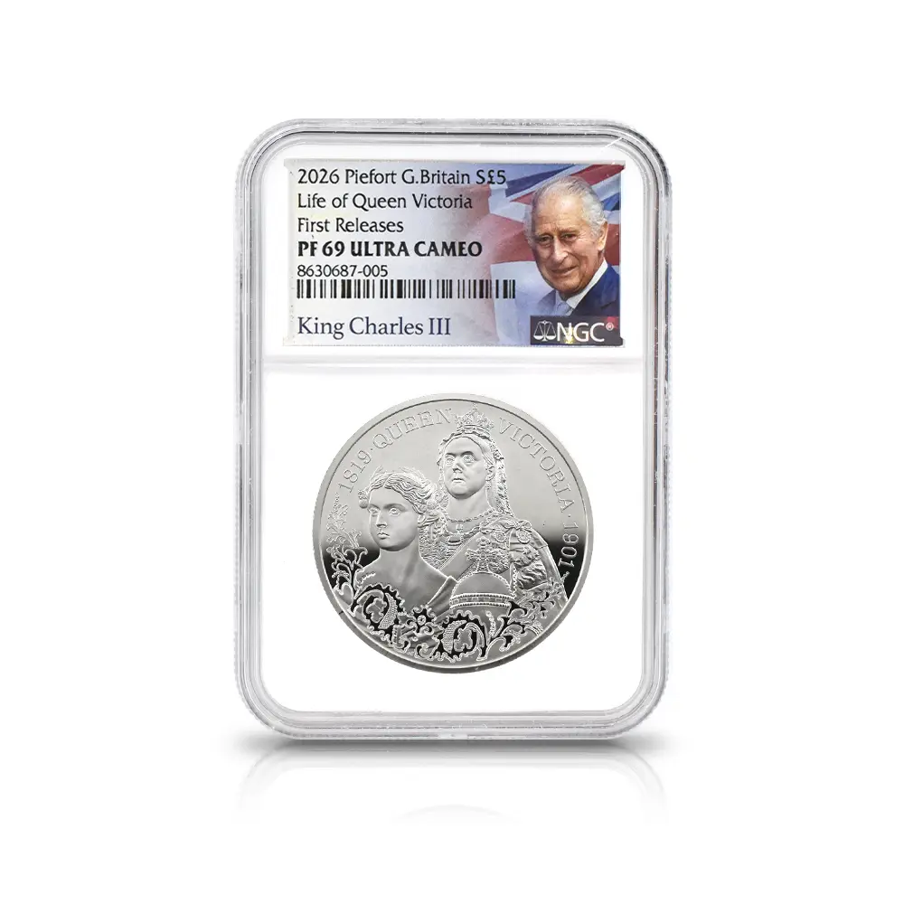 モダンコイン4:7092 2026 チャールズ3世 ヴィクトリア女王没後125周年記念 女王の生涯 5ポンドピエフォー銀貨 ファーストリリース NGC PF69UC チャールズ3世ラベル 箱付き