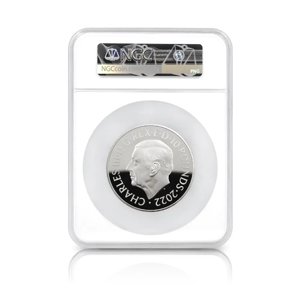 モダンコイン5:7093 イギリス 2022 チャールズ3世 エリザベス2世追悼記念 10ポンド5オンス銀貨 発行即日鑑定品 NGC PF70UC 箱付き
