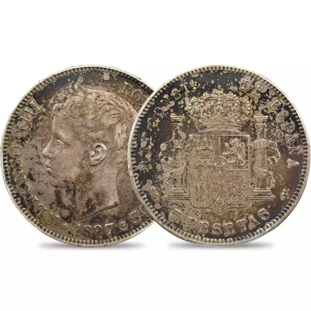 アンティークコイン1：2842 スペイン 1897-SG.V. アルフォンソ13世 5ペセタ銀貨 PCGS AU50