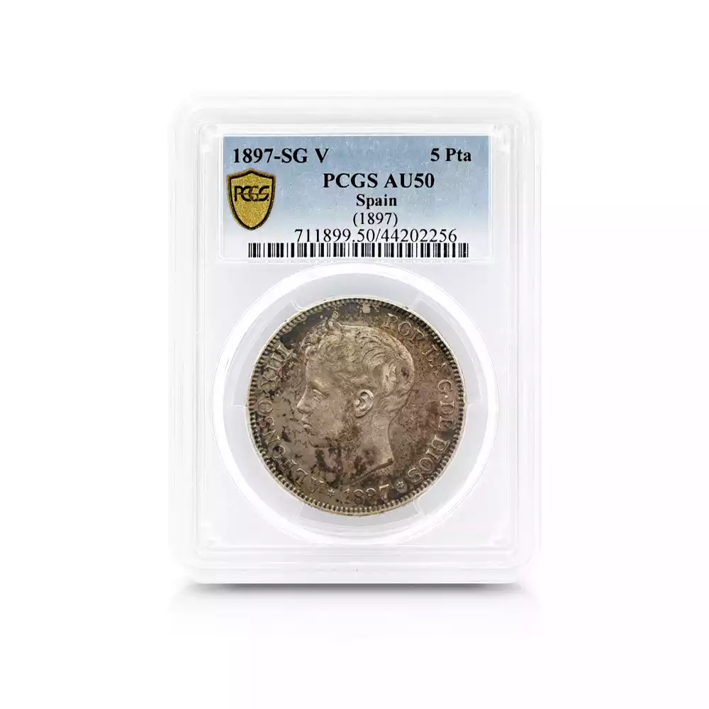 アンティークコイン4：2842 スペイン 1897-SG.V. アルフォンソ13世 5ペセタ銀貨 PCGS AU50