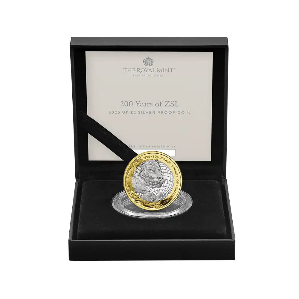 モダンコイン5:7100 イギリス 2026 チャールズ3世 ロンドン動物学会200周年記念 2ポンドプルーフ銀貨 金メッキ付 未鑑定 箱付き【ご予約承り品】