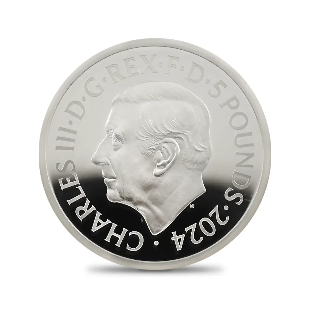 モダンコイン3:7098 イギリス 2024 チャールズ3世 ピストルッチ作聖ジョージ竜退治 5ポンド2オンスプルーフ銀貨 ファーストリリース NGC PF70UC 箱付き